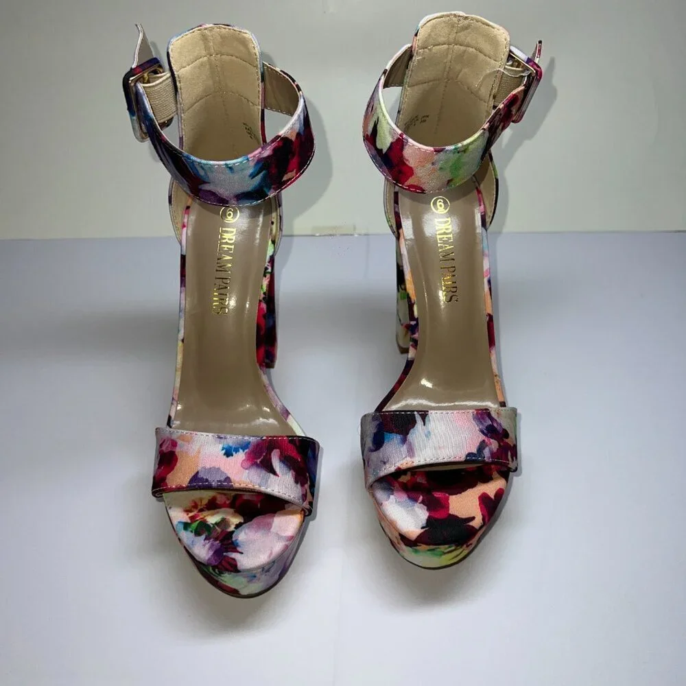 Dream Pairs Floral Open Toe Strap Block Heel Platform Heels Size 6